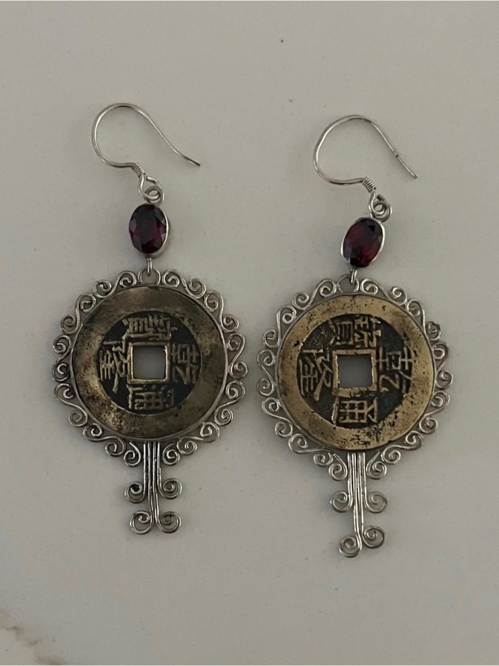 Vintage Chinese coin earrings with garnet